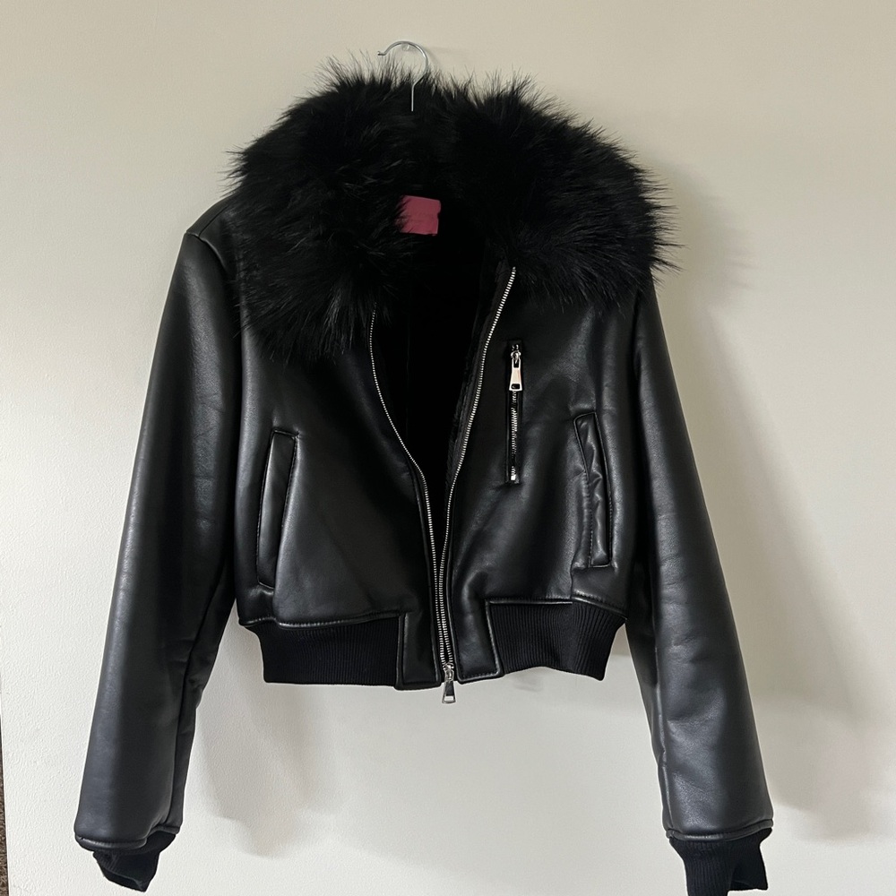 Black Faux Fur Collar Leather Jacket